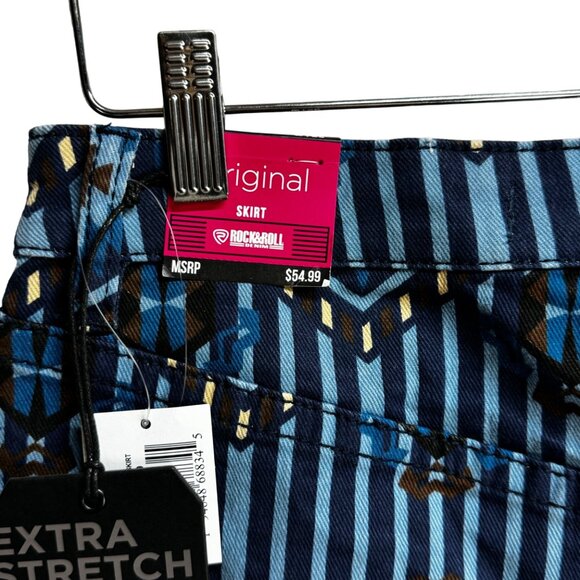 Rock & Roll Denim High Rise Skirt W 26 Blue Tribal Print Extra Stretch Advanced - Picture 5 of 7